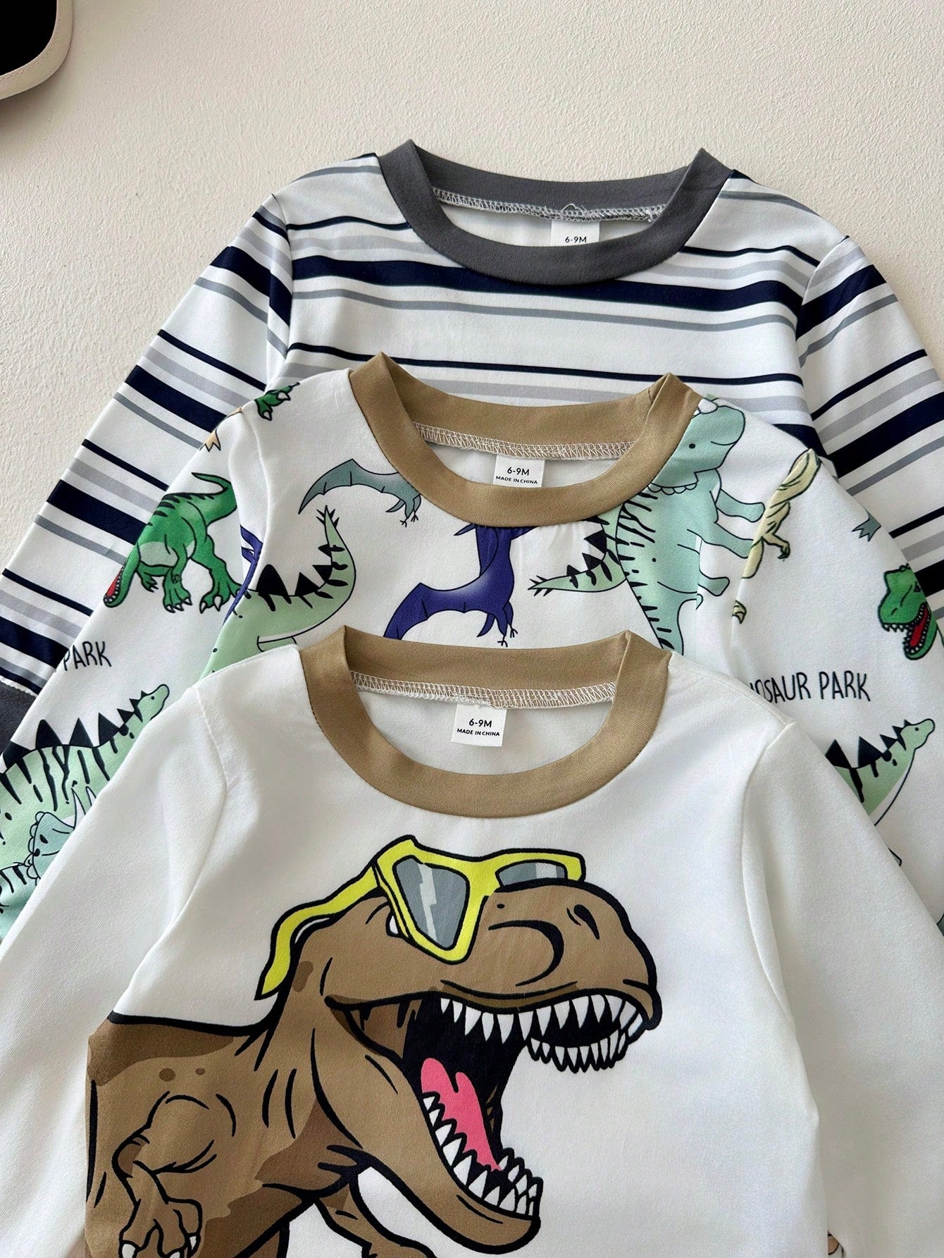 Playful Pals 3sets Baby Boy Cute White Dinosaur Pattern Striped Long Sleeve Crew Neck Top & Elastic Waist Pants T