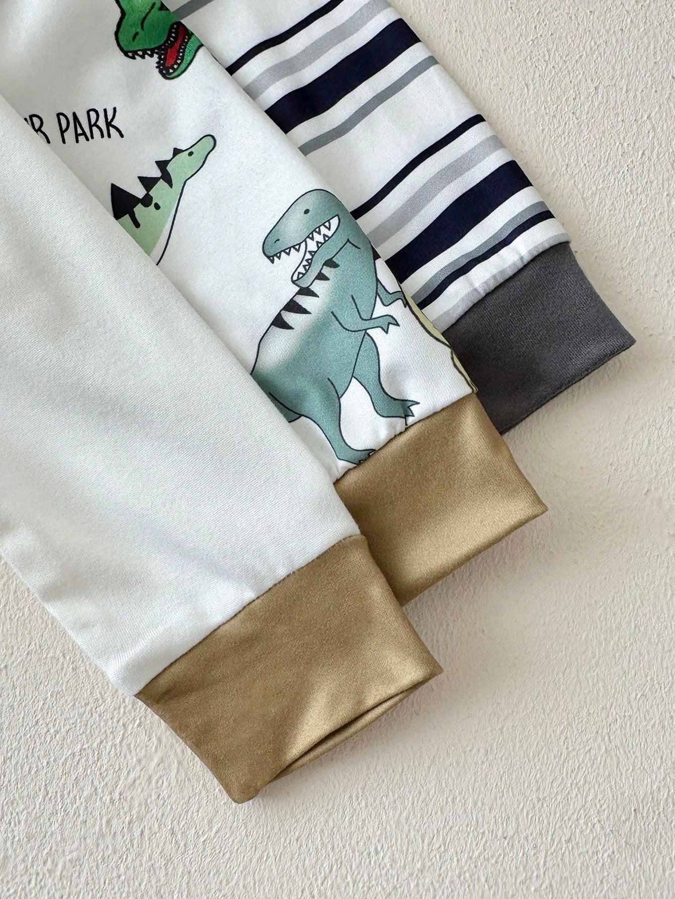 Playful Pals 3sets Baby Boy Cute White Dinosaur Pattern Striped Long Sleeve Crew Neck Top & Elastic Waist Pants T