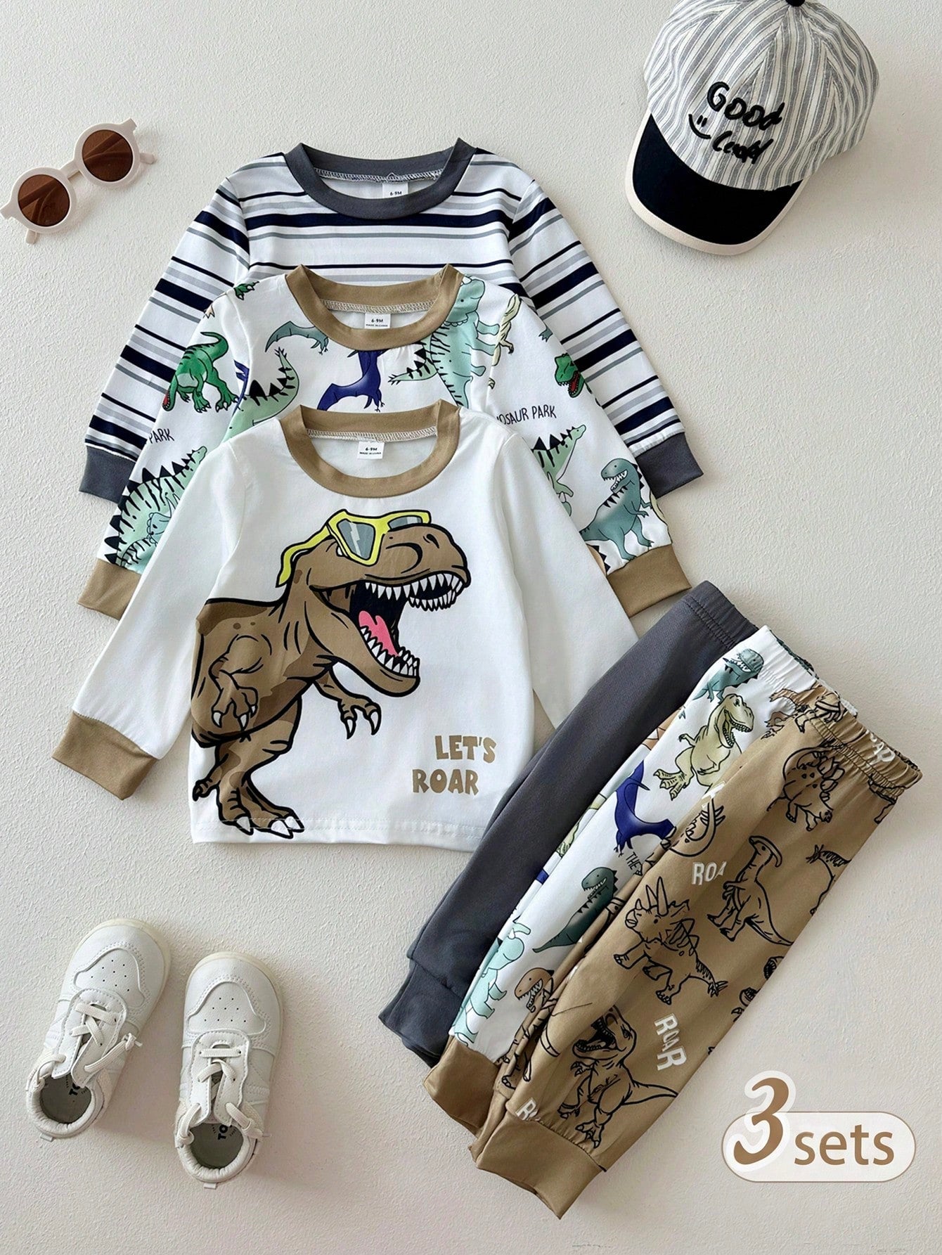 Playful Pals 3sets Baby Boy Cute White Dinosaur Pattern Striped Long Sleeve Crew Neck Top & Elastic Waist Pants T