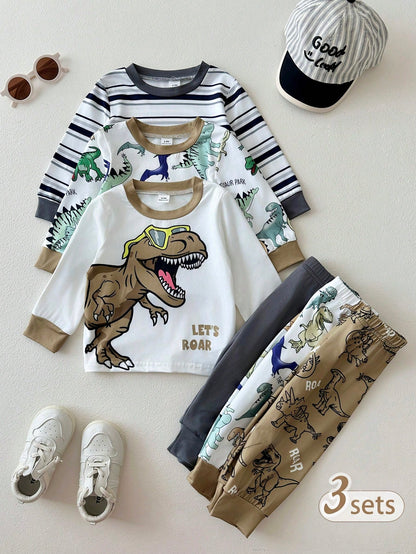Playful Pals 3sets Baby Boy Cute White Dinosaur Pattern Striped Long Sleeve Crew Neck Top & Elastic Waist Pants T