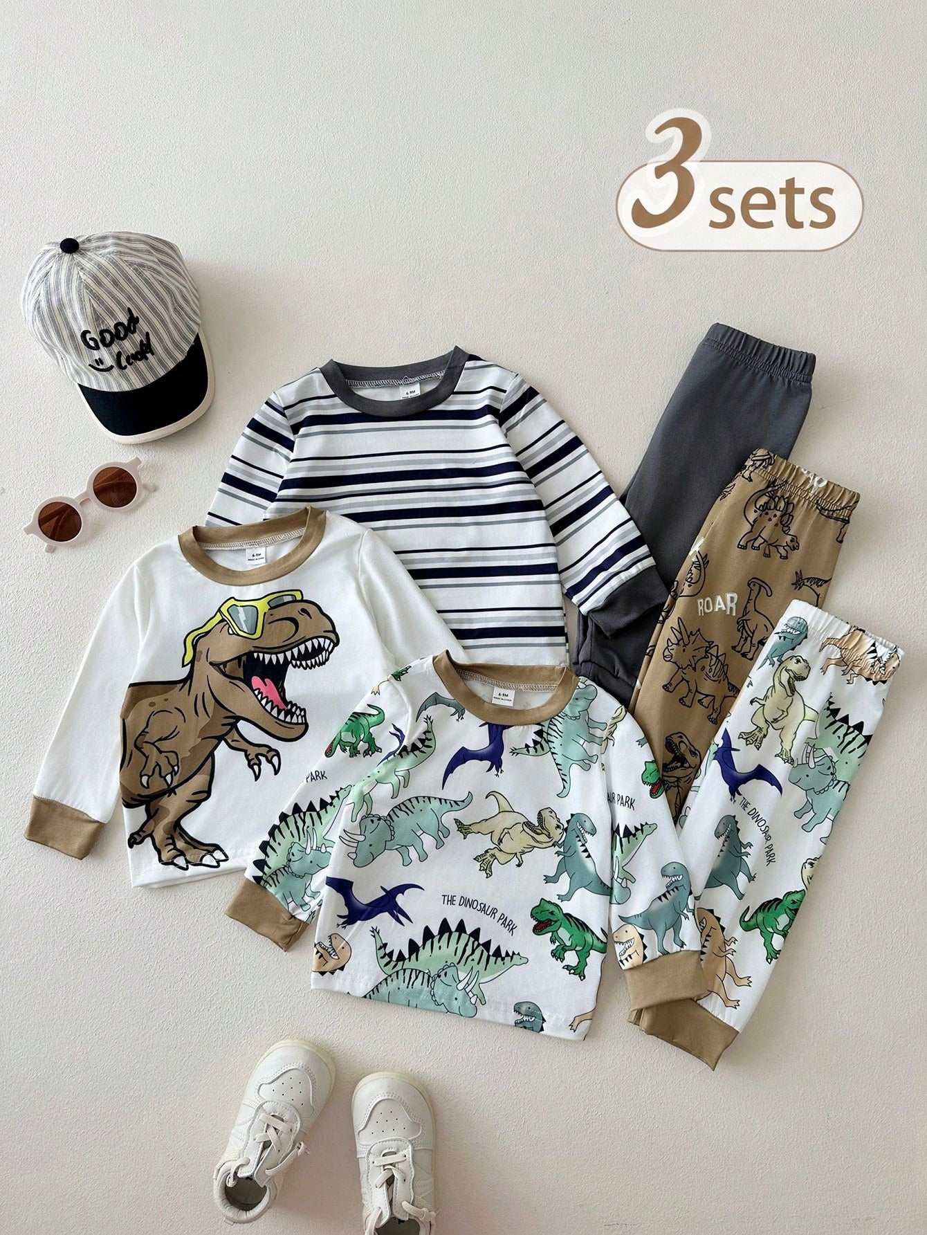 Playful Pals 3sets Baby Boy Cute White Dinosaur Pattern Striped Long Sleeve Crew Neck Top & Elastic Waist Pants T