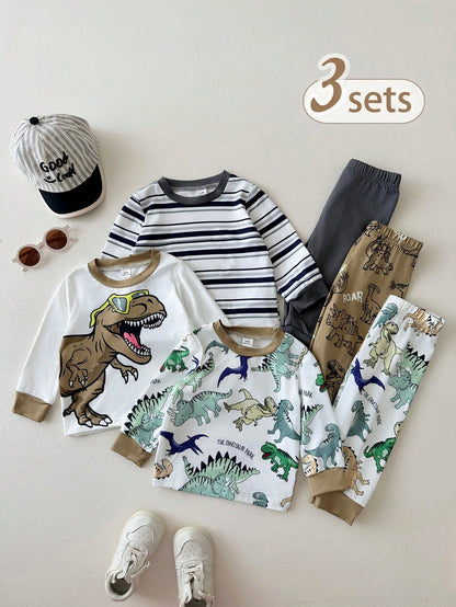 Playful Pals 3sets Baby Boy Cute White Dinosaur Pattern Striped Long Sleeve Crew Neck Top & Elastic Waist Pants T