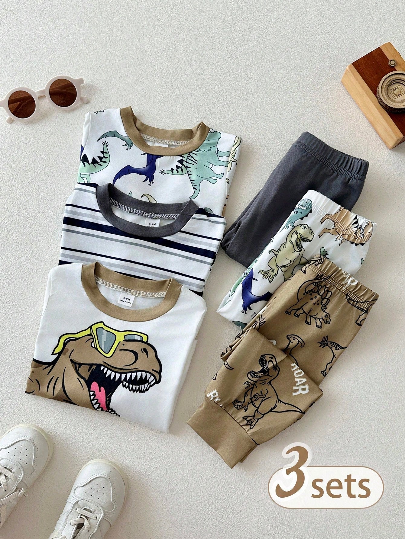 Playful Pals 3sets Baby Boy Cute White Dinosaur Pattern Striped Long Sleeve Crew Neck Top & Elastic Waist Pants T