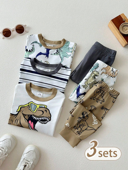 Playful Pals 3sets Baby Boy Cute White Dinosaur Pattern Striped Long Sleeve Crew Neck Top & Elastic Waist Pants T