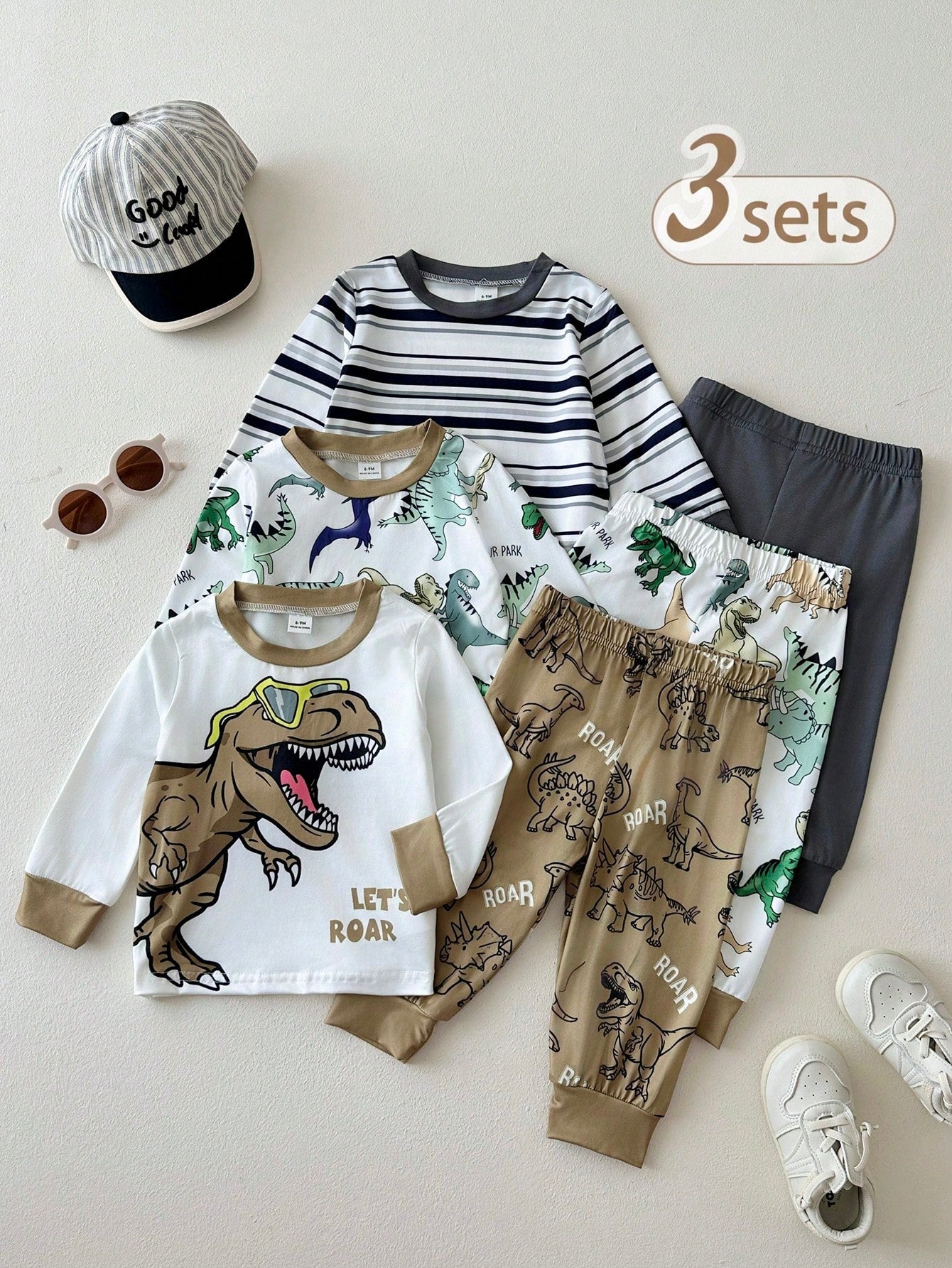 Playful Pals 3sets Baby Boy Cute White Dinosaur Pattern Striped Long Sleeve Crew Neck Top & Elastic Waist Pants T