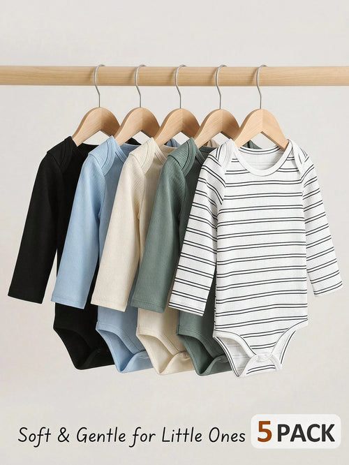 Playful Pals 5pcs Baby Boy Toddler Infant Cute Casual Basic Solid Striped Long Sleeve One Piece Soft Romper Shirt Clothes Bodysuit Set Daily Summer Spring Fall