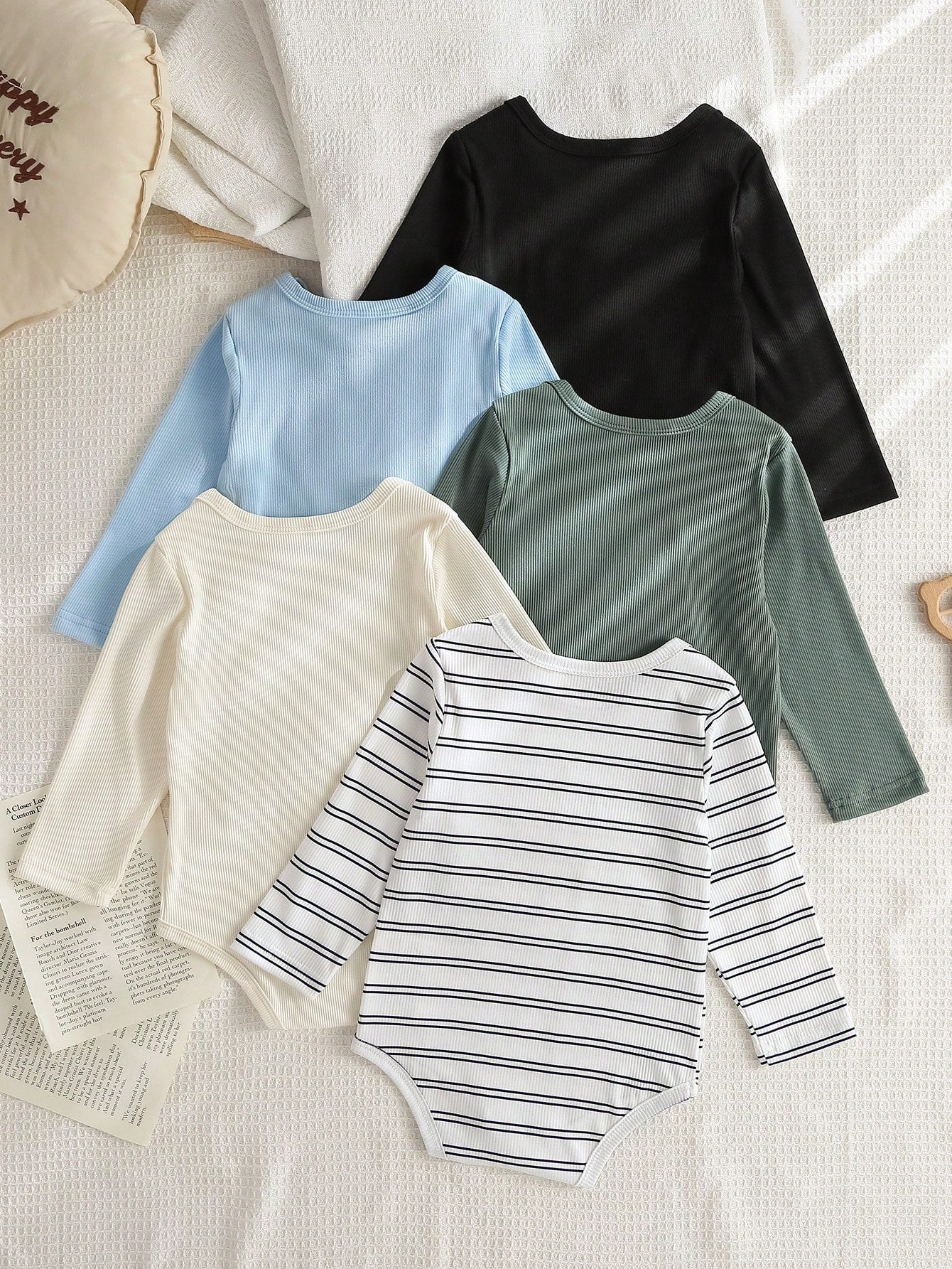 Playful Pals 5pcs Baby Boy Toddler Infant Cute Casual Basic Solid Striped Long Sleeve One Piece Soft Romper Shirt Clothes Bodysuit Set Daily Summer Spring Fall