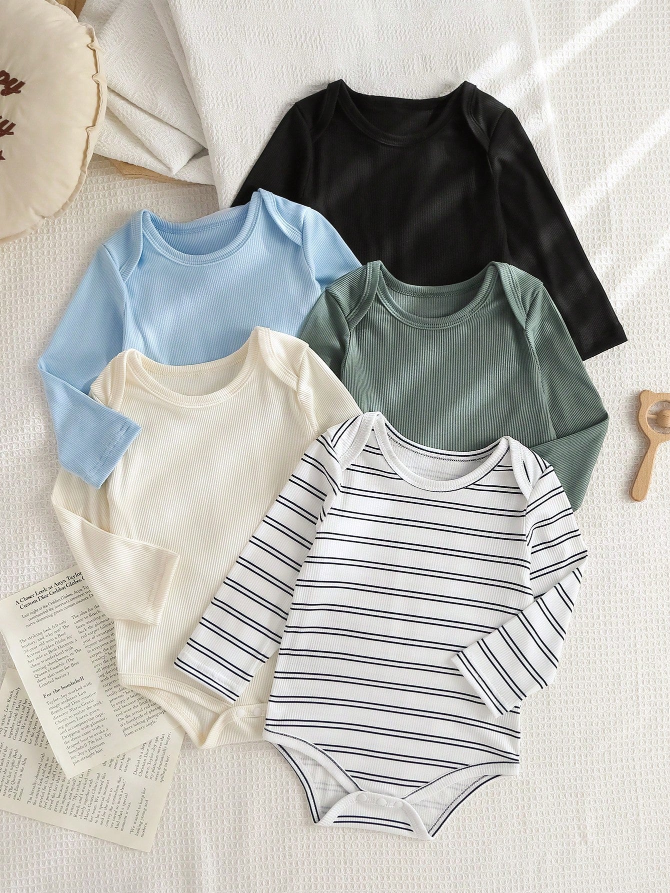 Playful Pals 5pcs Baby Boy Toddler Infant Cute Casual Basic Solid Striped Long Sleeve One Piece Soft Romper Shirt Clothes Bodysuit Set Daily Summer Spring Fall