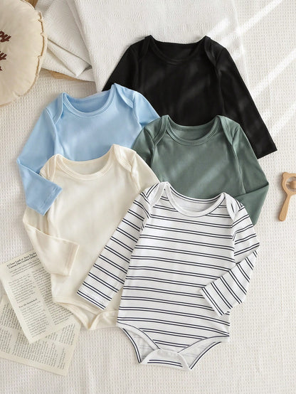 Playful Pals 5pcs Baby Boy Toddler Infant Cute Casual Basic Solid Striped Long Sleeve One Piece Soft Romper Shirt Clothes Bodysuit Set Daily Summer Spring Fall