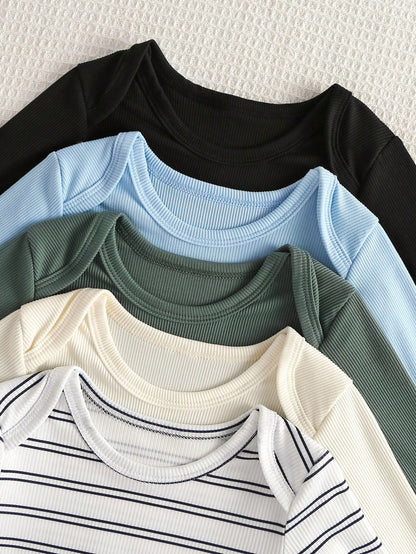 Playful Pals 5pcs Baby Boy Toddler Infant Cute Casual Basic Solid Striped Long Sleeve One Piece Soft Romper Shirt Clothes Bodysuit Set Daily Summer Spring Fall