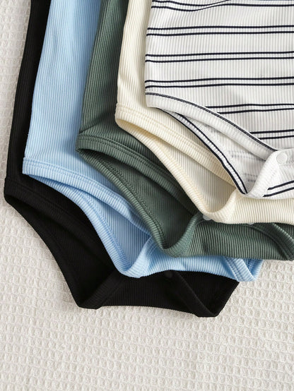 Playful Pals 5pcs Baby Boy Toddler Infant Cute Casual Basic Solid Striped Long Sleeve One Piece Soft Romper Shirt Clothes Bodysuit Set Daily Summer Spring Fall