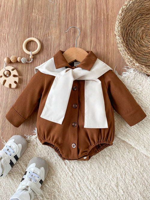 Playful Pals Baby Boy Casual Comfortable Shirt Collar Front Button Contrast Color Shawl Long Sleeve Romper