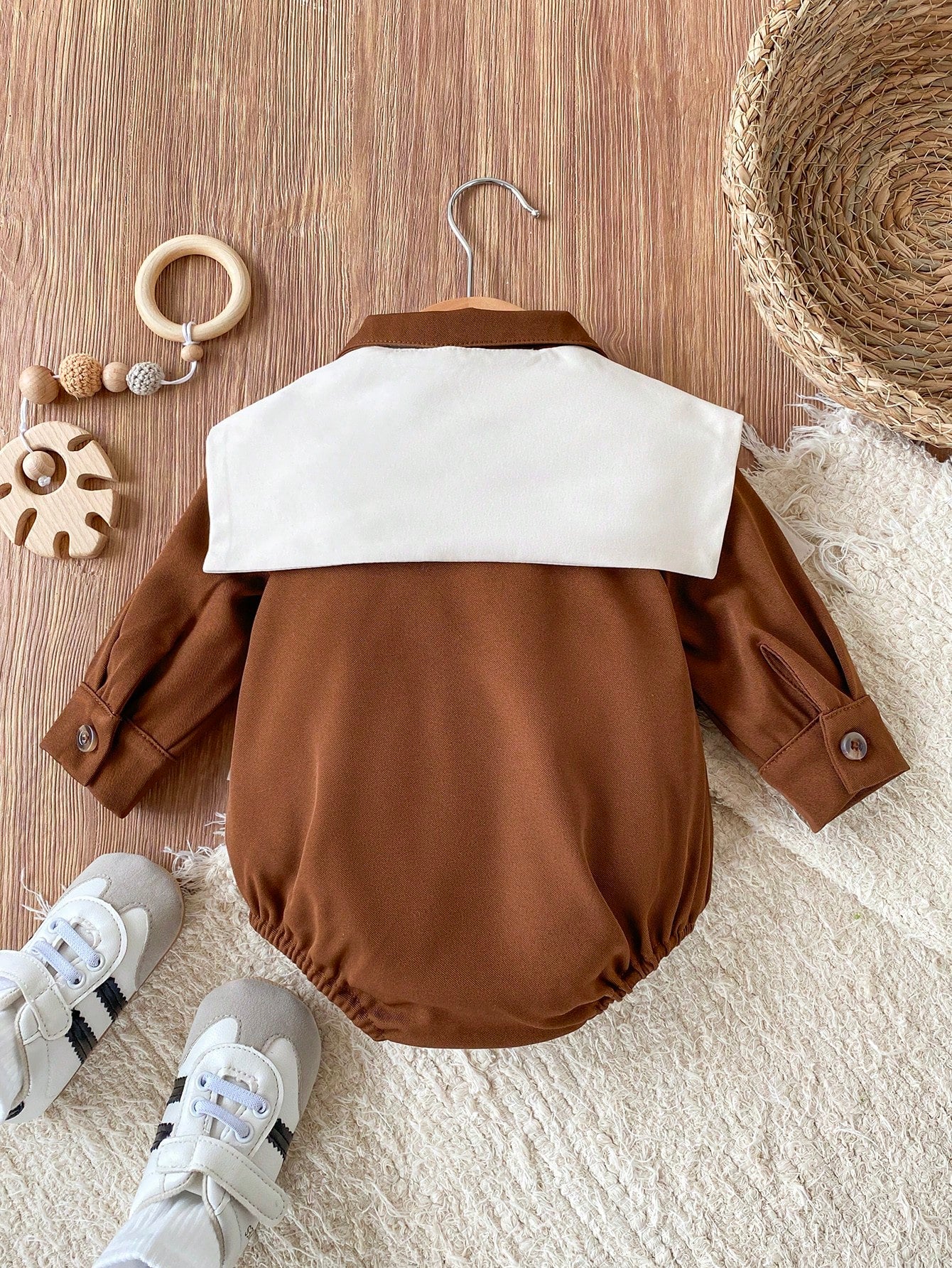 Playful Pals Baby Boy Casual Comfortable Shirt Collar Front Button Contrast Color Shawl Long Sleeve Romper