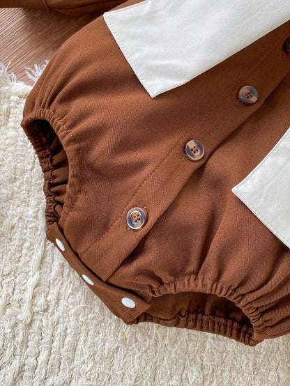 Playful Pals Baby Boy Casual Comfortable Shirt Collar Front Button Contrast Color Shawl Long Sleeve Romper
