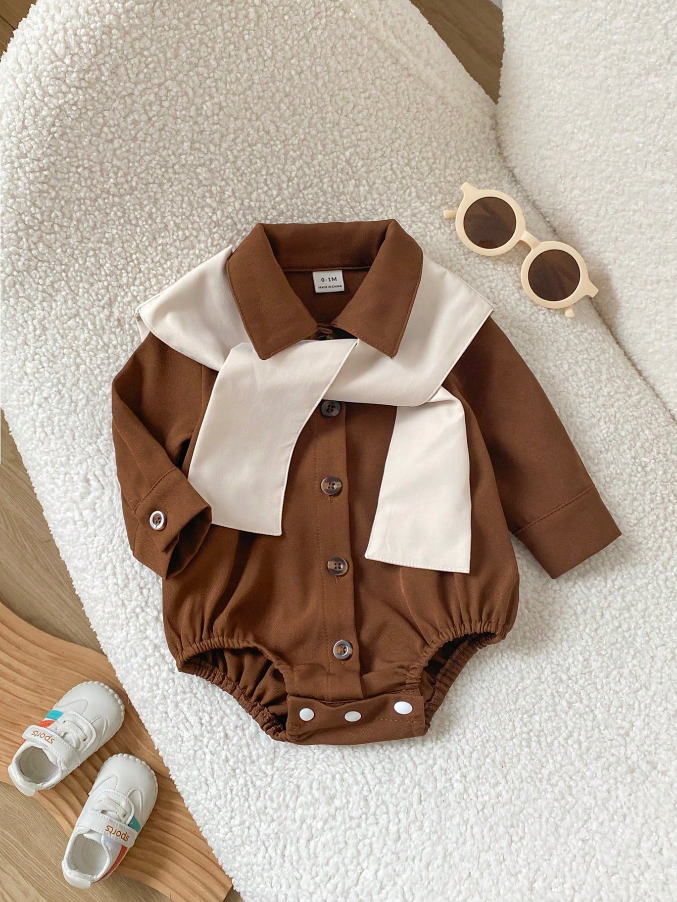 Playful Pals Baby Boy Casual Comfortable Shirt Collar Front Button Contrast Color Shawl Long Sleeve Romper
