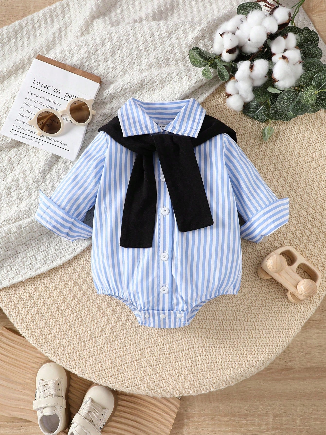 Playful Pals Baby Boy Casual Comfortable Shirt Collar Front Button Contrast Color Shawl Long Sleeve Romper