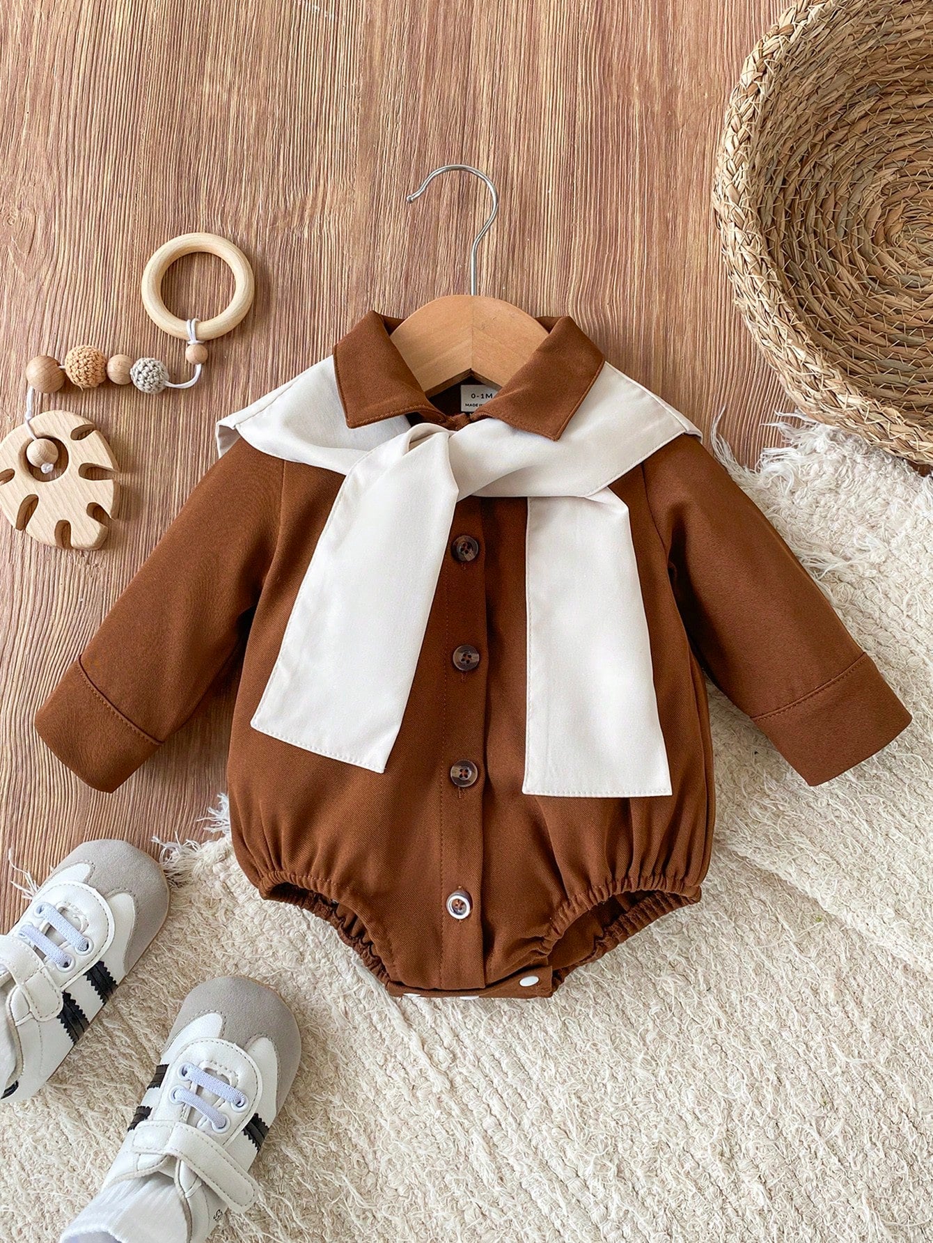 Playful Pals Baby Boy Casual Comfortable Shirt Collar Front Button Contrast Color Shawl Long Sleeve Romper