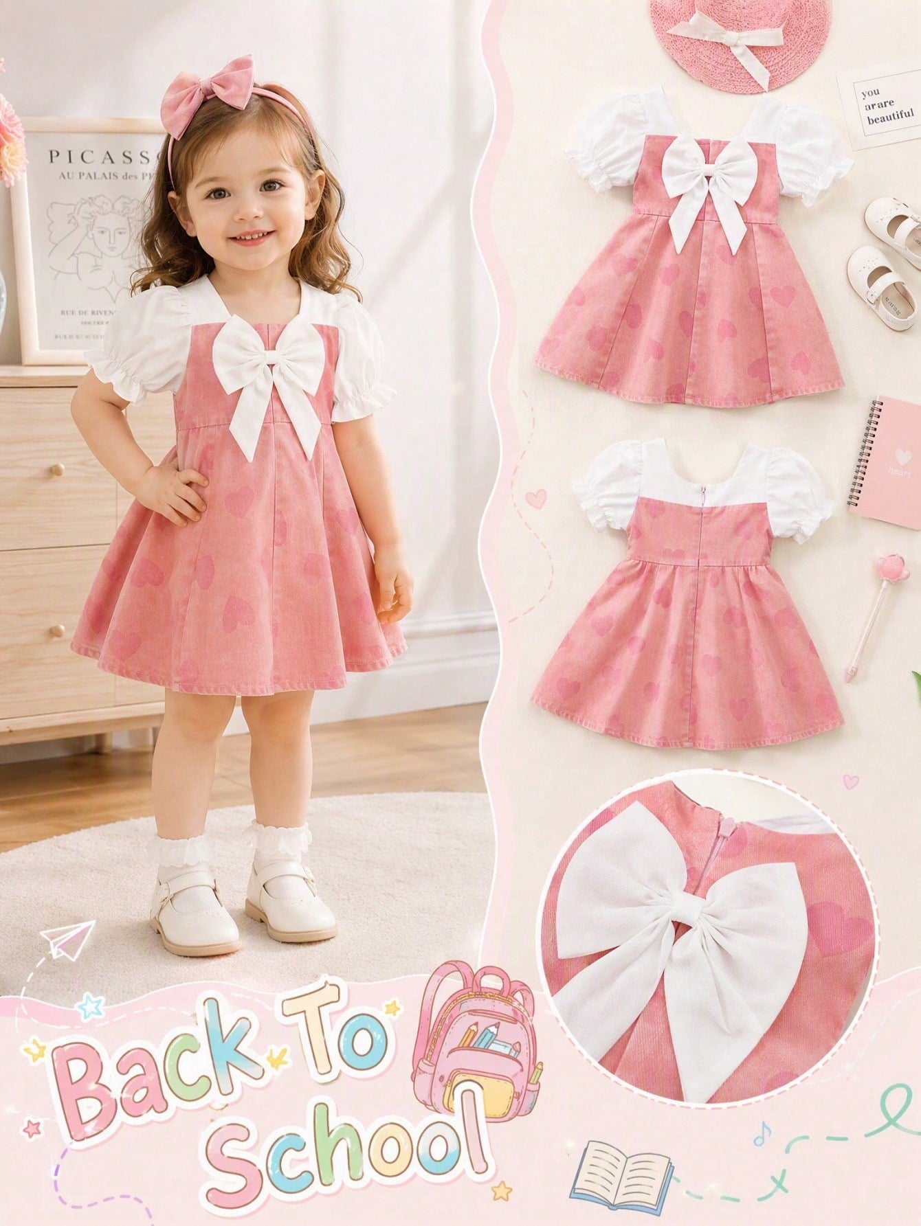 Playful Pals Baby Girl Heart Print Square Neck White Woven Fabric Short Sleeve Puff Sleeve Denim Waist Dress With White Big Bow Decoration A-Line Skirt Dress, Cute Playful Casual Fashion Commute