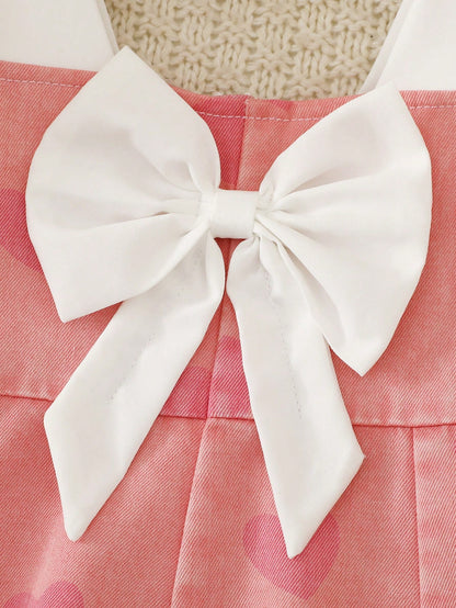 Playful Pals Baby Girl Heart Print Square Neck White Woven Fabric Short Sleeve Puff Sleeve Denim Waist Dress With White Big Bow Decoration A-Line Skirt Dress, Cute Playful Casual Fashion Commute