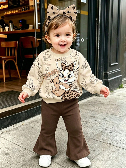 Playful Pals Korean Vintage Baby 2-Piece Set, Leopard Print Bow Cartoon Rabbit & Bear Graphic Crew Neck Sweatshirt With Elastic Coffee-Colored Flared Long Pants, Skin-Friendly Soft Fabric, Baby