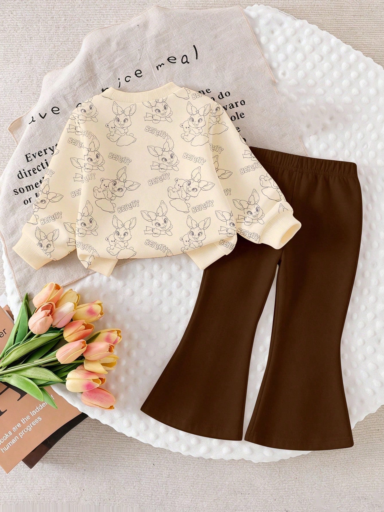 Playful Pals Korean Vintage Baby 2-Piece Set, Leopard Print Bow Cartoon Rabbit & Bear Graphic Crew Neck Sweatshirt With Elastic Coffee-Colored Flared Long Pants, Skin-Friendly Soft Fabric, Baby