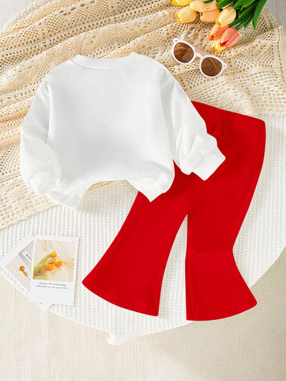 Playful Pals Korean Vintage Baby 2-Piece Set, Leopard Print Bow Cartoon Rabbit & Bear Graphic Crew Neck Sweatshirt With Elastic Coffee-Colored Flared Long Pants, Skin-Friendly Soft Fabric, Baby