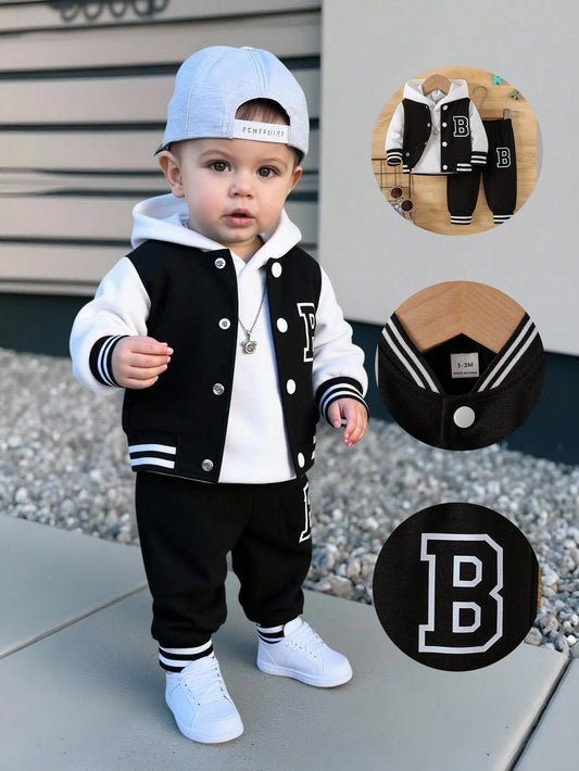 Playful Pals Newborn Casual College Style Letter Print Patchwork Jacket And Solid Color Pants Set