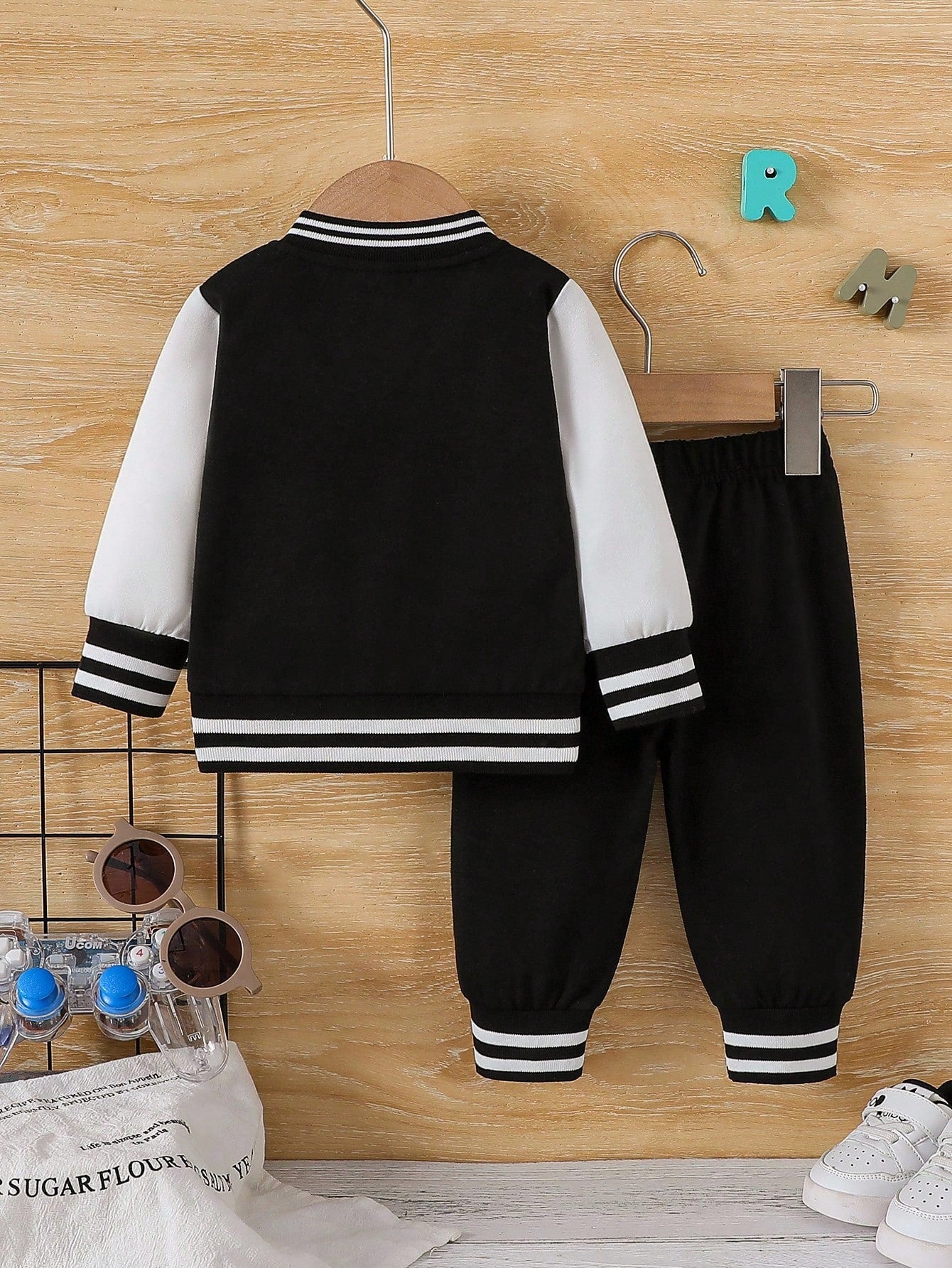 Playful Pals Newborn Casual College Style Letter Print Patchwork Jacket And Solid Color Pants Set
