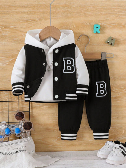 Playful Pals Newborn Casual College Style Letter Print Patchwork Jacket And Solid Color Pants Set