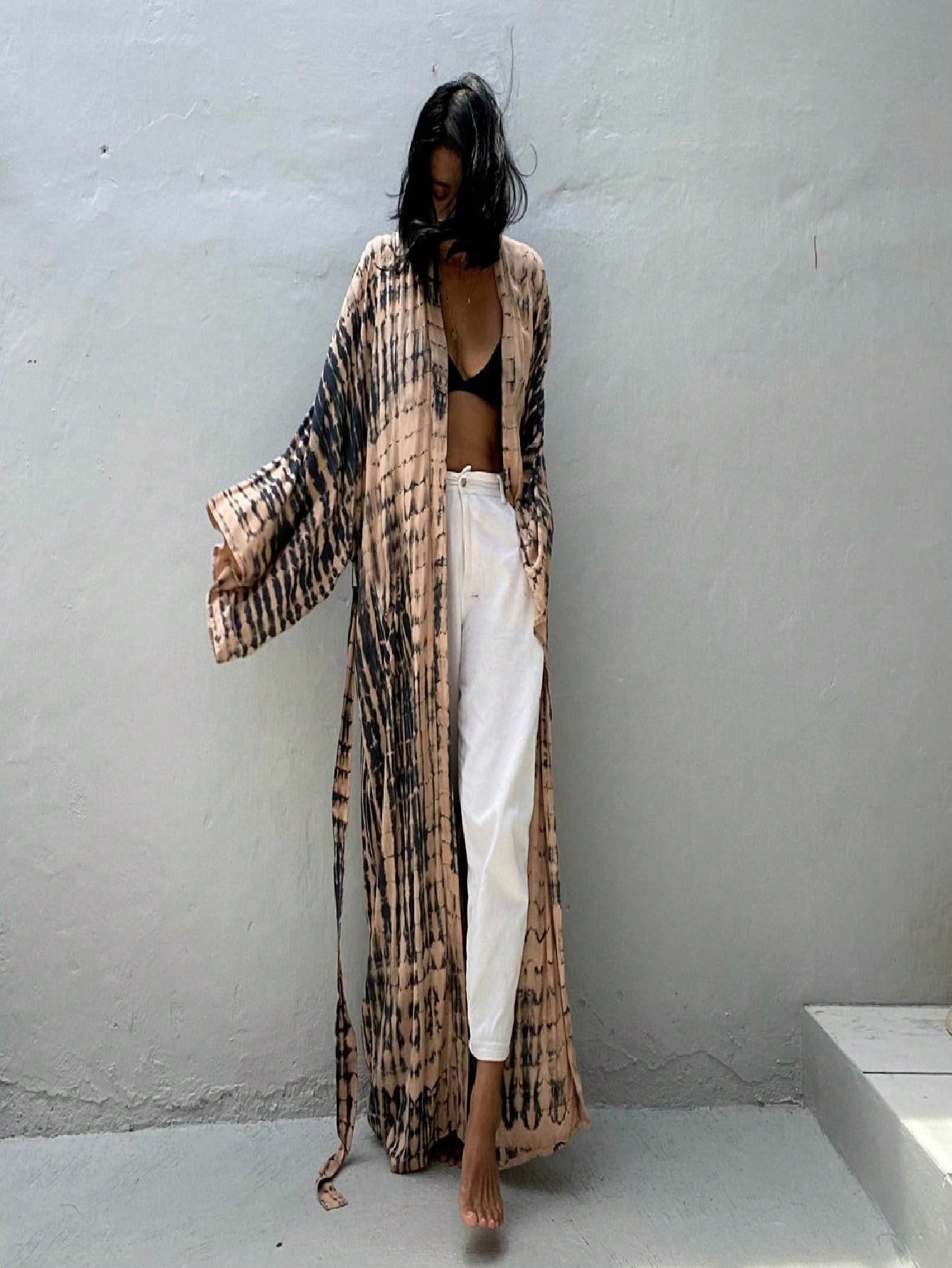 Plus Size Boho Chic Kimono Cover Up- Lightweight & Flowy Tie Dye Beachwear- Stylish Open Front For Women