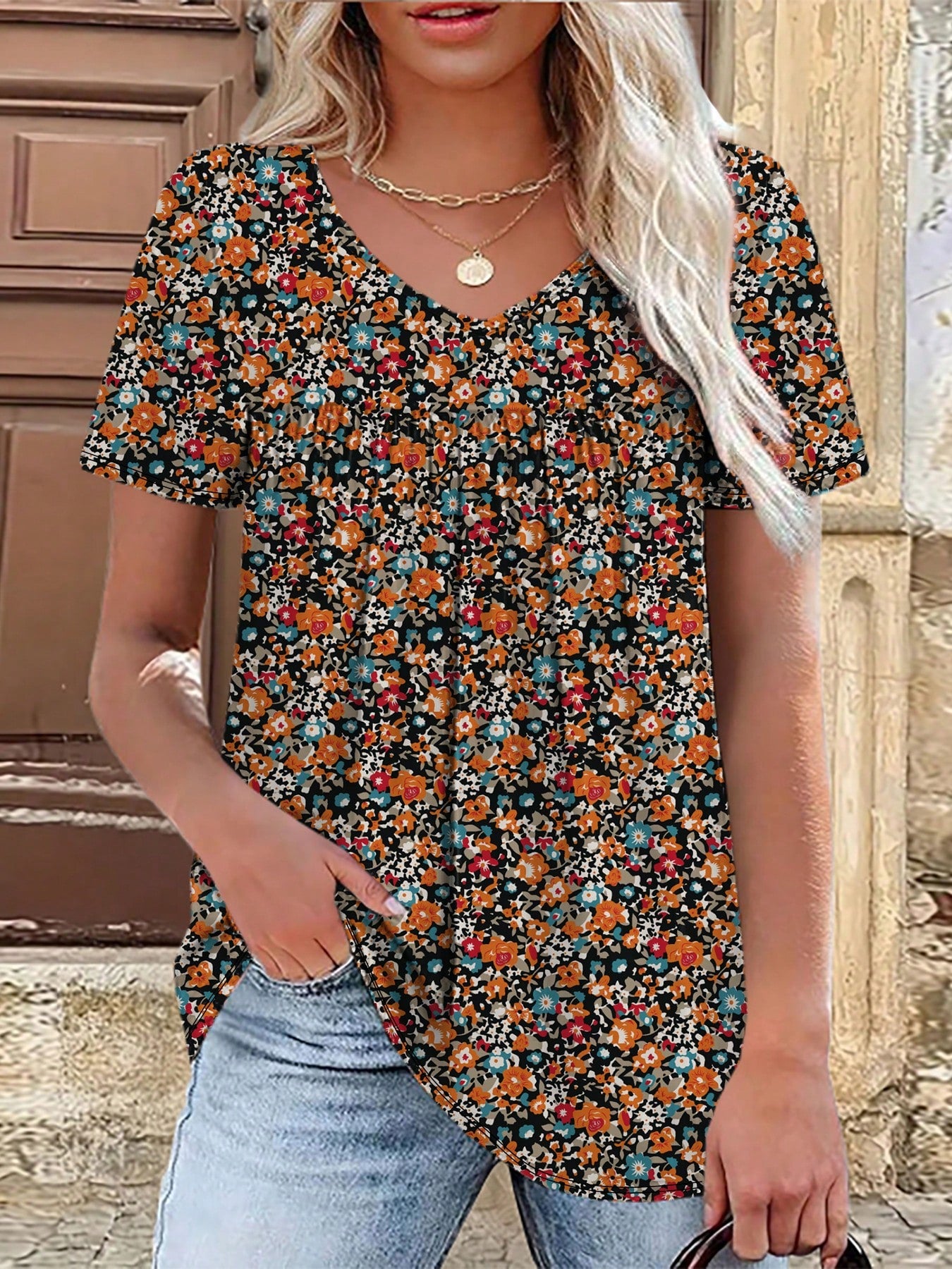 Plus Size Casual Floral Print T-Shirt, Holiday Vibe Summer Vacation