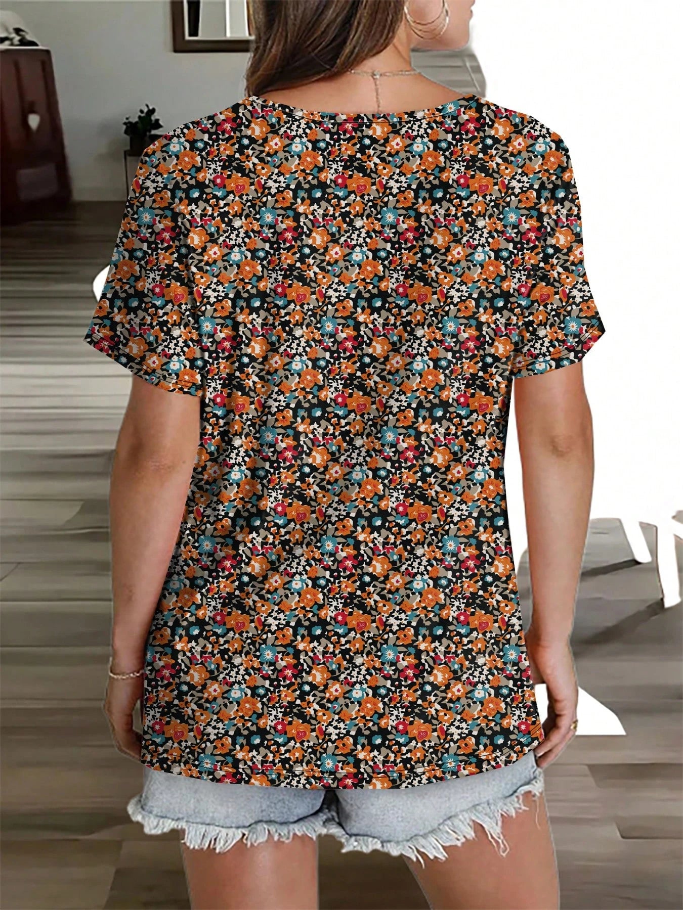 Plus Size Casual Floral Print T-Shirt, Holiday Vibe Summer Vacation