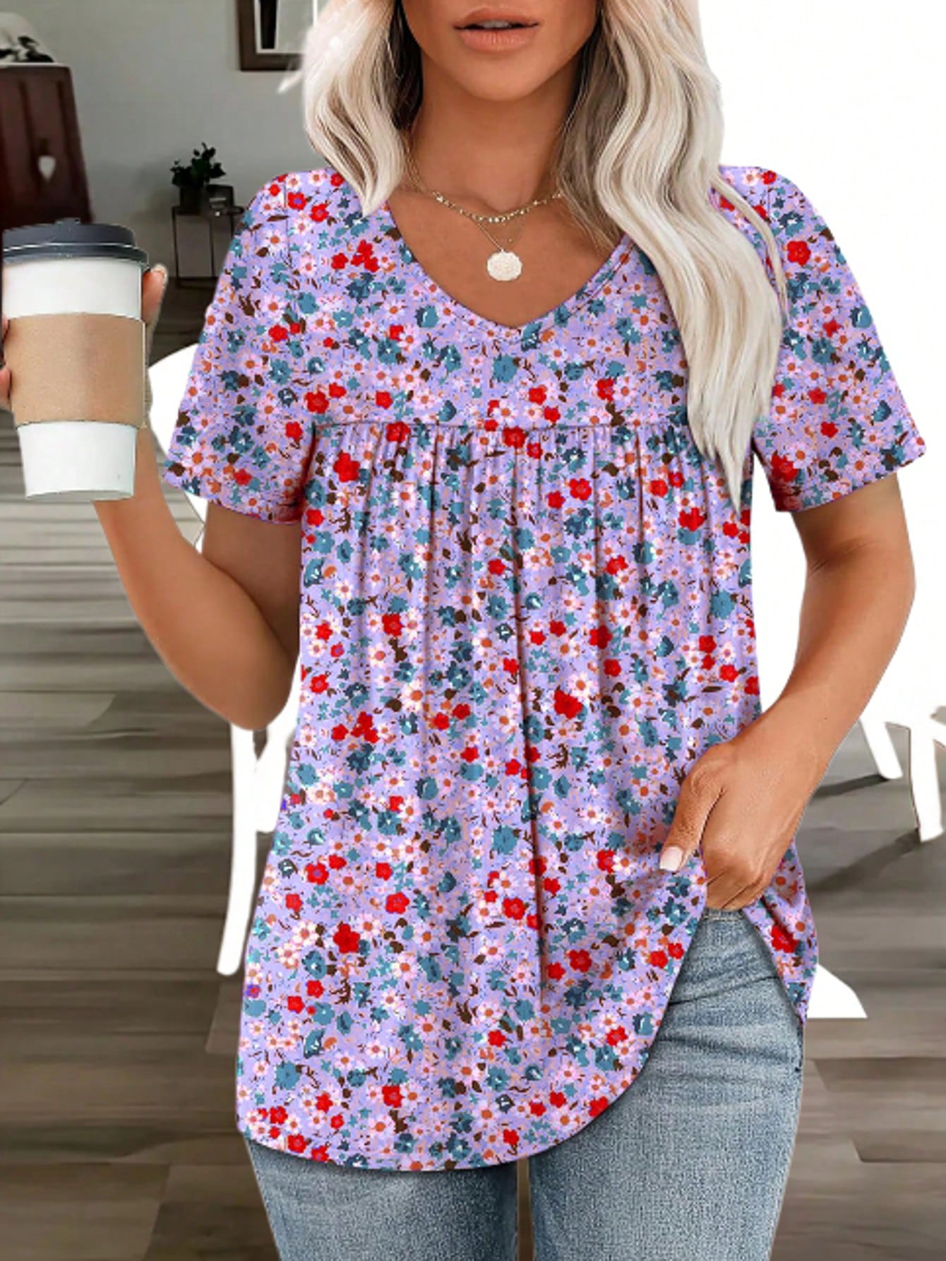 Plus Size Casual Floral Print T-Shirt, Holiday Vibe Summer Vacation