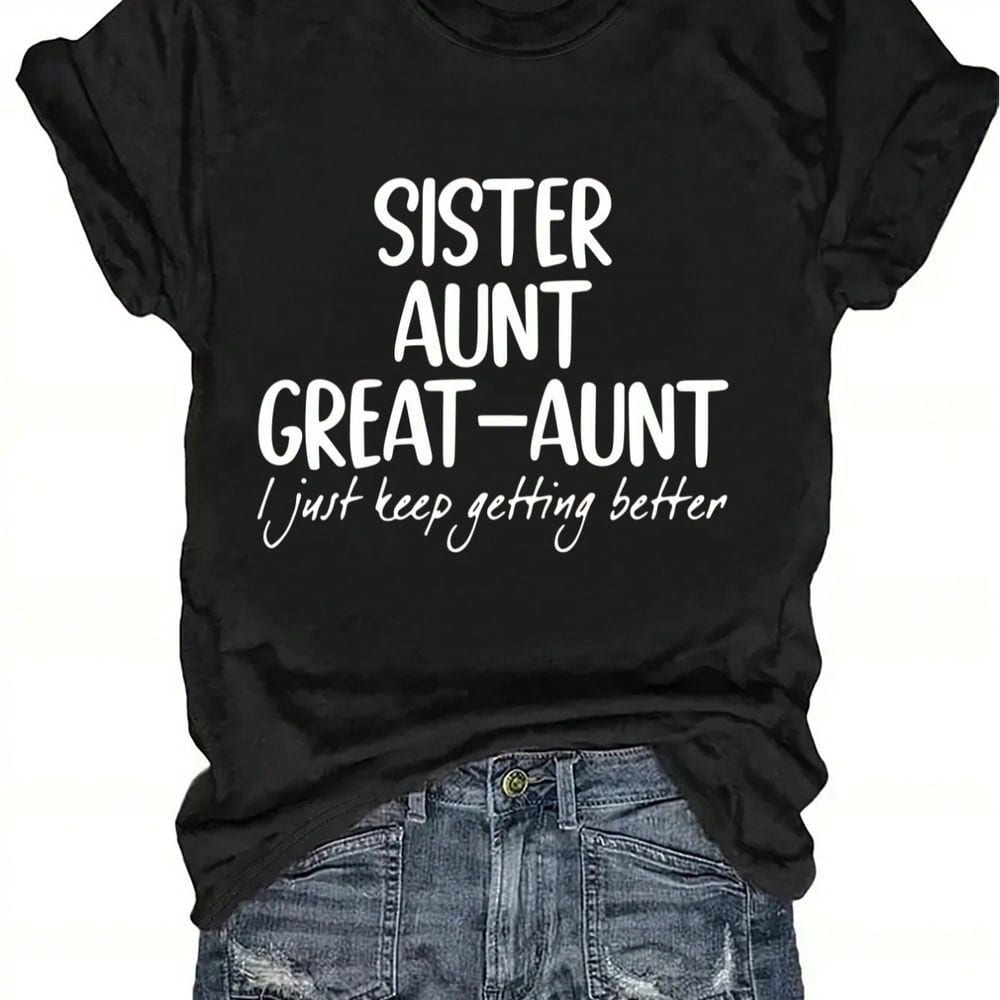 Plus Size Casual Round Neck Regular Sleeve Tee With Slogan Print For Sisters & Aunts, Cute And Comfortable Woven Fabric Top