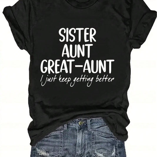 Plus Size Casual Round Neck Regular Sleeve Tee With Slogan Print For Sisters & Aunts, Cute And Comfortable Woven Fabric Top
