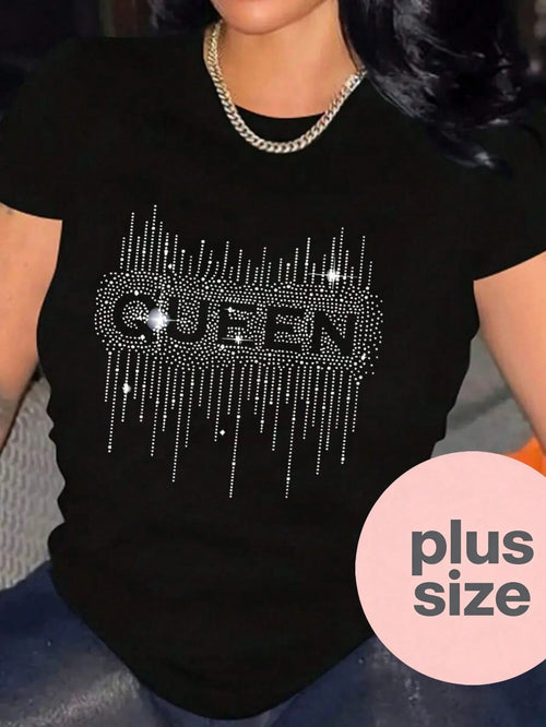Plus Size Casual Round Neck Short Sleeve T-Shirt With Rhinestone Queen Design Regular Length