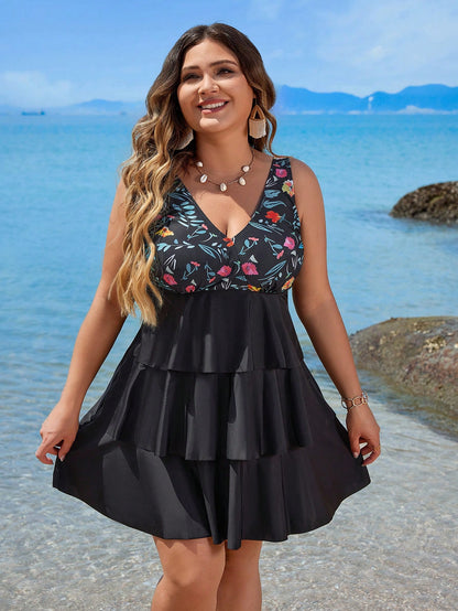 Plus Size Floral Print Patchwork Tankini Swimwear Set