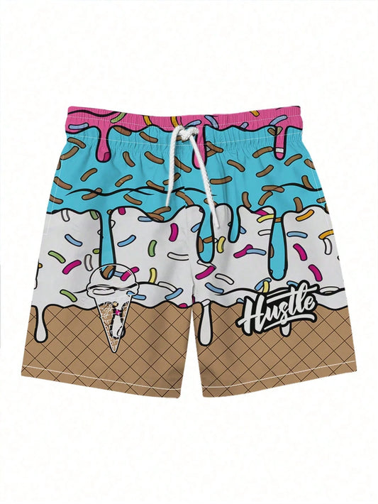 Plus Size Men's Ice Cream & Cake Print Casual Beach Shorts, Drawstring Waist, Single Layer, No Lining, Suitable For Summer Vacation & Outdoor Sports