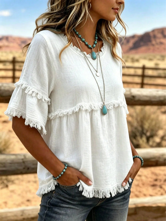 Plus-Size Popular Tassel Vintage Round-Neck Short-Sleeve T-Shirt, Ice Silk Wrinkled Loose-Fit Women's Blouse Casual Wear
