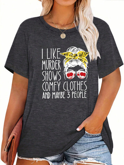 Plus Size Round Neck Slogan & Figure Printed Short Sleeve T-Shirt Casual Summer