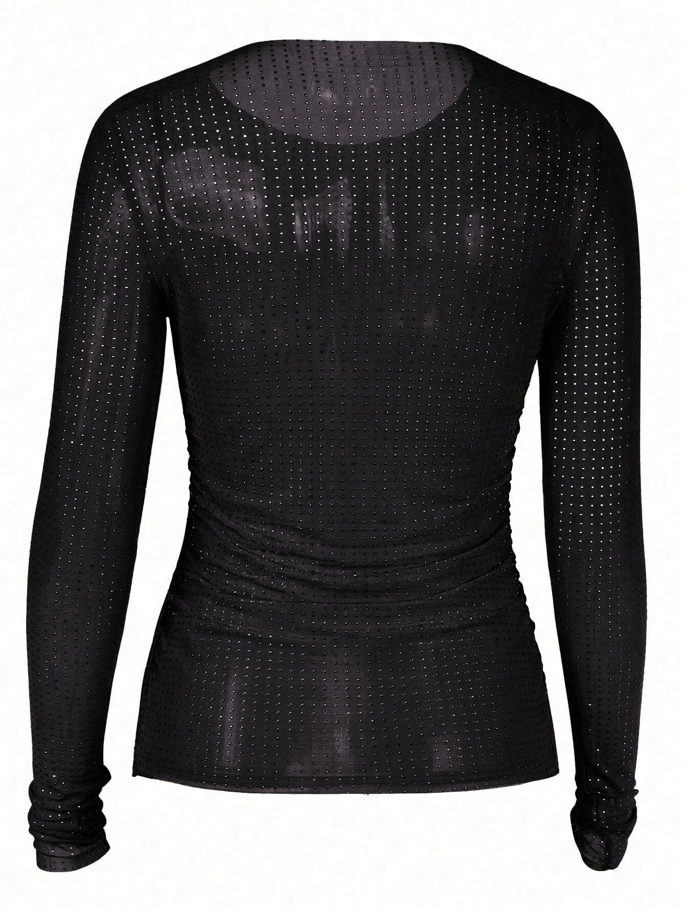 Plus Size Sexy Shiny Rhinestone Sheer Long Sleeve Round Neck Top, Elegant Slim Fit Fashion Versatile Women's Wear For Music Festival Black