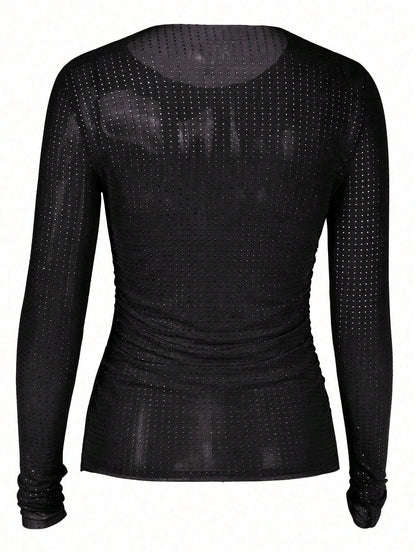 Plus Size Sexy Shiny Rhinestone Sheer Long Sleeve Round Neck Top, Elegant Slim Fit Fashion Versatile Women's Wear For Music Festival Black