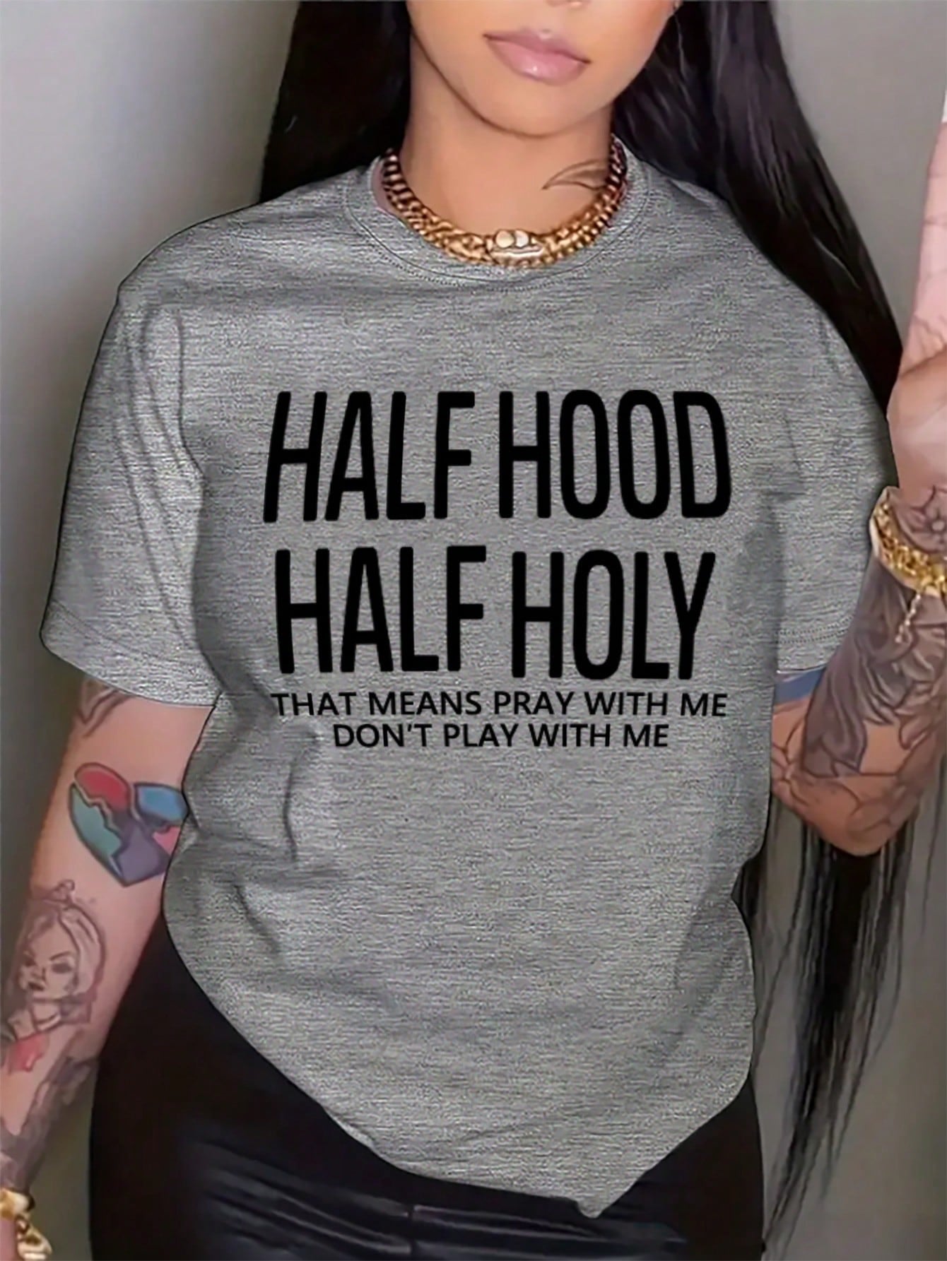 Plus Size Summer Short Sleeve T-Shirt With Slogan Print, HALF HOOD HALF HOLY THAT MEANS PRAY WITH ME DON'T PLAY WITH ME Graphic Tees Women Tops