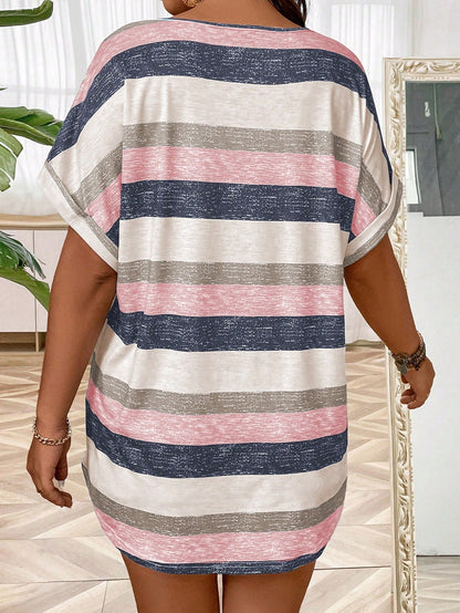Plus Size V-Neck Short Sleeve Printed Casual Women T-Shirt, Women Summer Top