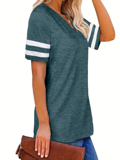 Plus Size V-Neck Striped Casual T-Shirt Summer