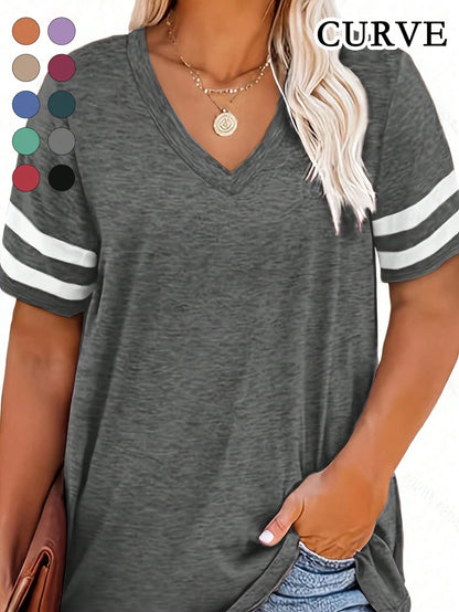 Plus Size V-Neck Striped Casual T-Shirt Summer