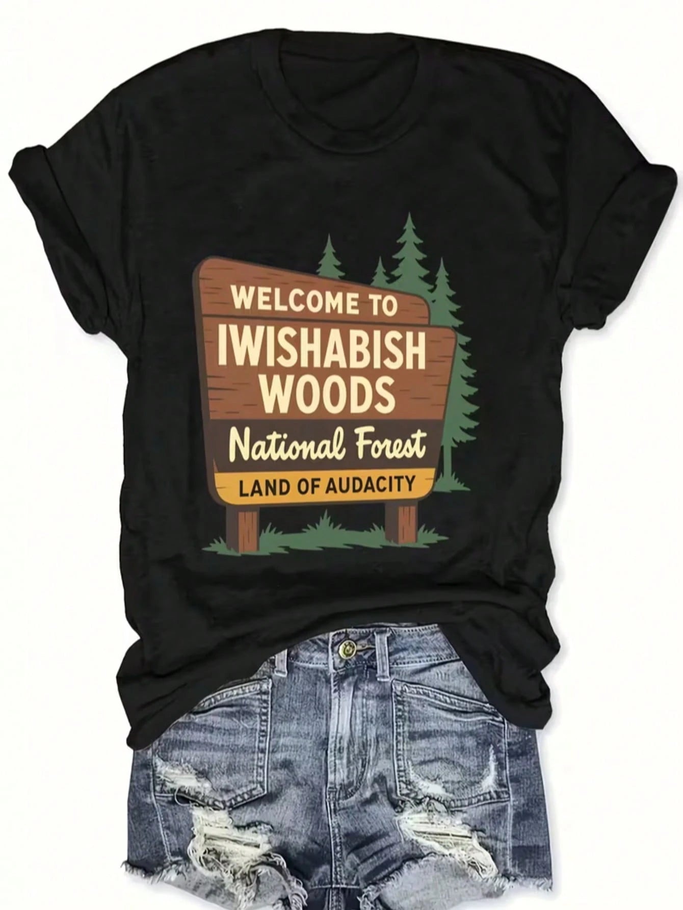 Plus Size- WELCOME TO IWISHABISH WOODS National Forest LAND OF AUDACITY Print Women'S T-Shirt Comfortable And Soft, Casual Crew Neck, Regular Sleeve