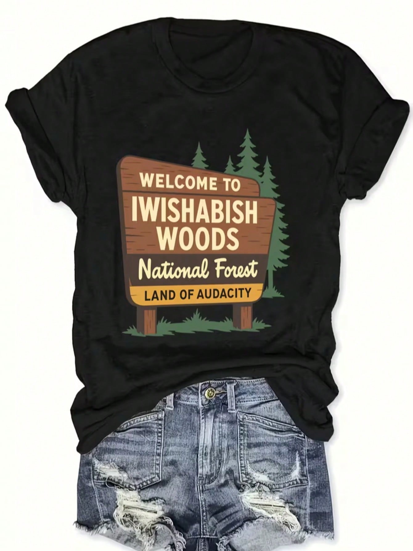 Plus Size- WELCOME TO IWISHABISH WOODS National Forest LAND OF AUDACITY Print Women'S T-Shirt Comfortable And Soft, Casual Crew Neck, Regular Sleeve