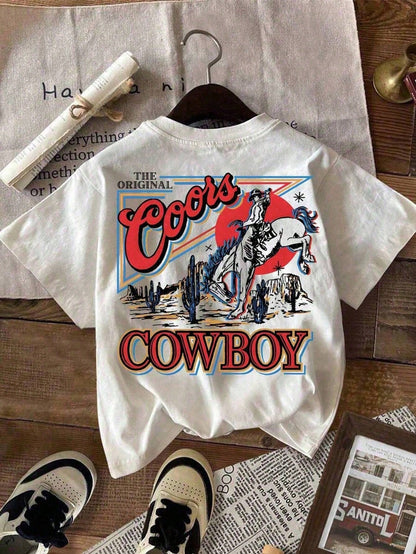 Plus Size Western Cowboy Print T Shirt Casual Comfy Crew Neck