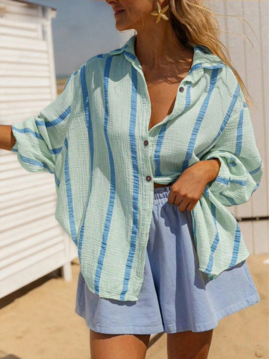 Plus Size Women Green Striped Long Sleeve Casual Shirt, Suitable For Holiday, Beach Party Spring